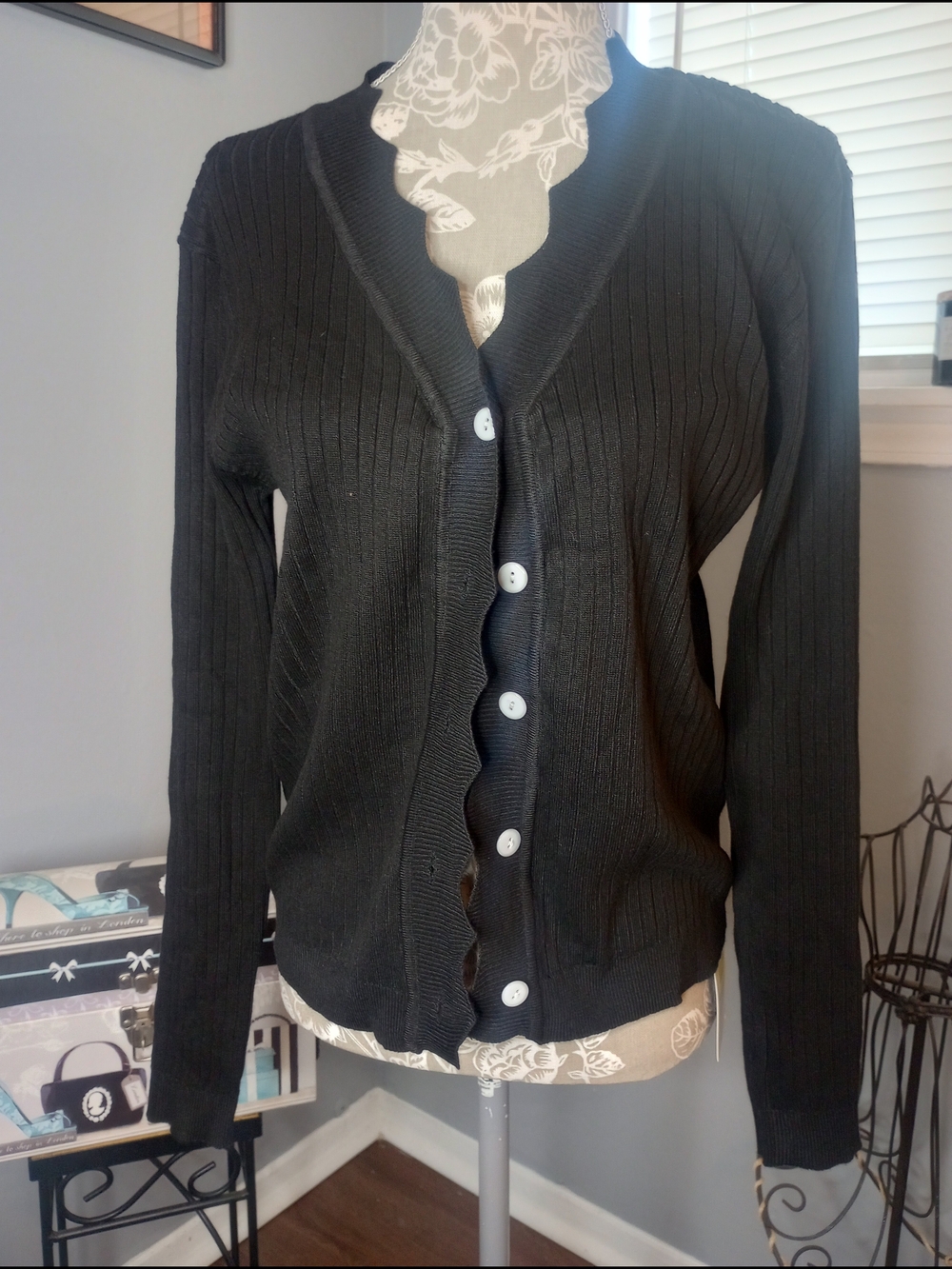 2 For $10 Women's Black Ribbed Button-Front Sweater Cardigan